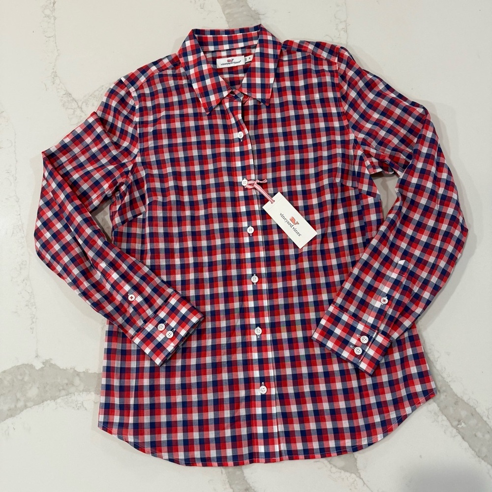 Vineyard Vines NWT Gingham Button Down Cotton Shirt Women’s 8 Red/Blue Preppy